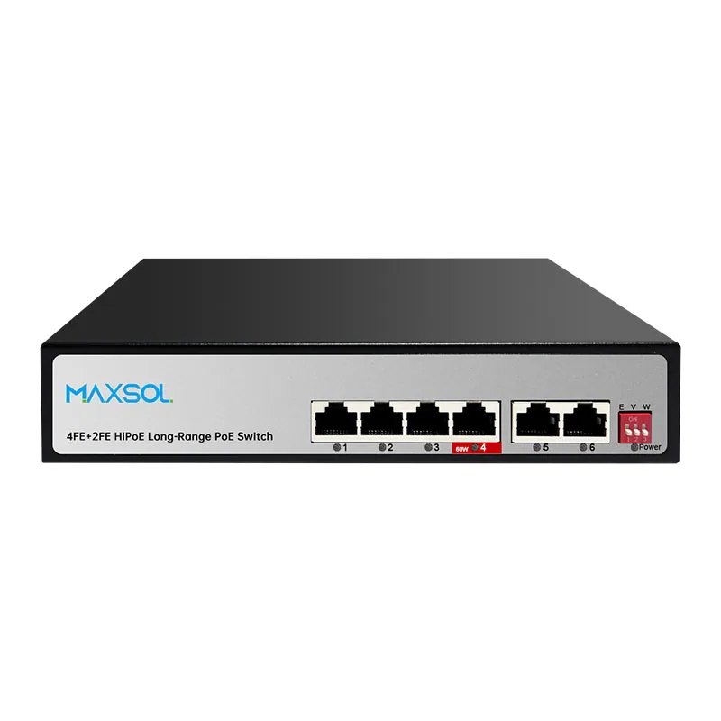 Switch Hi-PoE cu 4 porturi, 65W, rază lungă 300M, VLAN