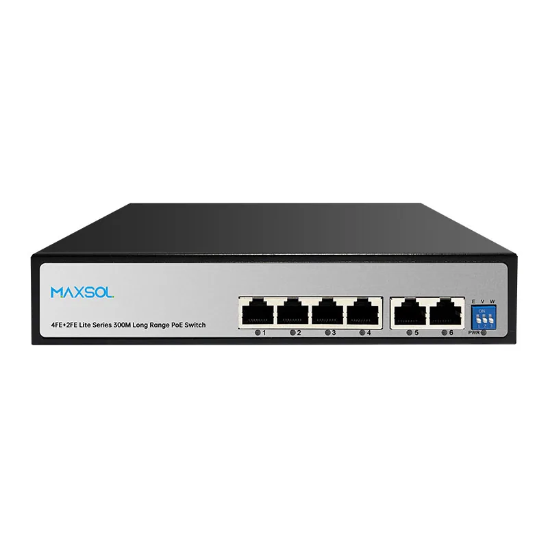 Switch AI PoE cu 4 porturi, rază lungă, 60W, 2 uplink-uri