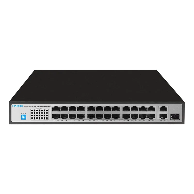 Switch PoE+ Fast Ethernet cu 24 porturi și uplink-uri Gigabit