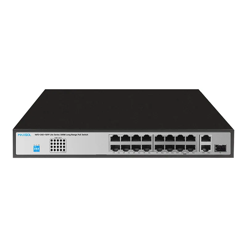 Switch PoE+ Fast Ethernet cu 16 porturi și uplink-uri Gigabit