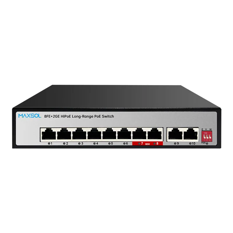 Switch Hi-PoE cu 8 porturi, rază lungă 300M, uplink 2GE